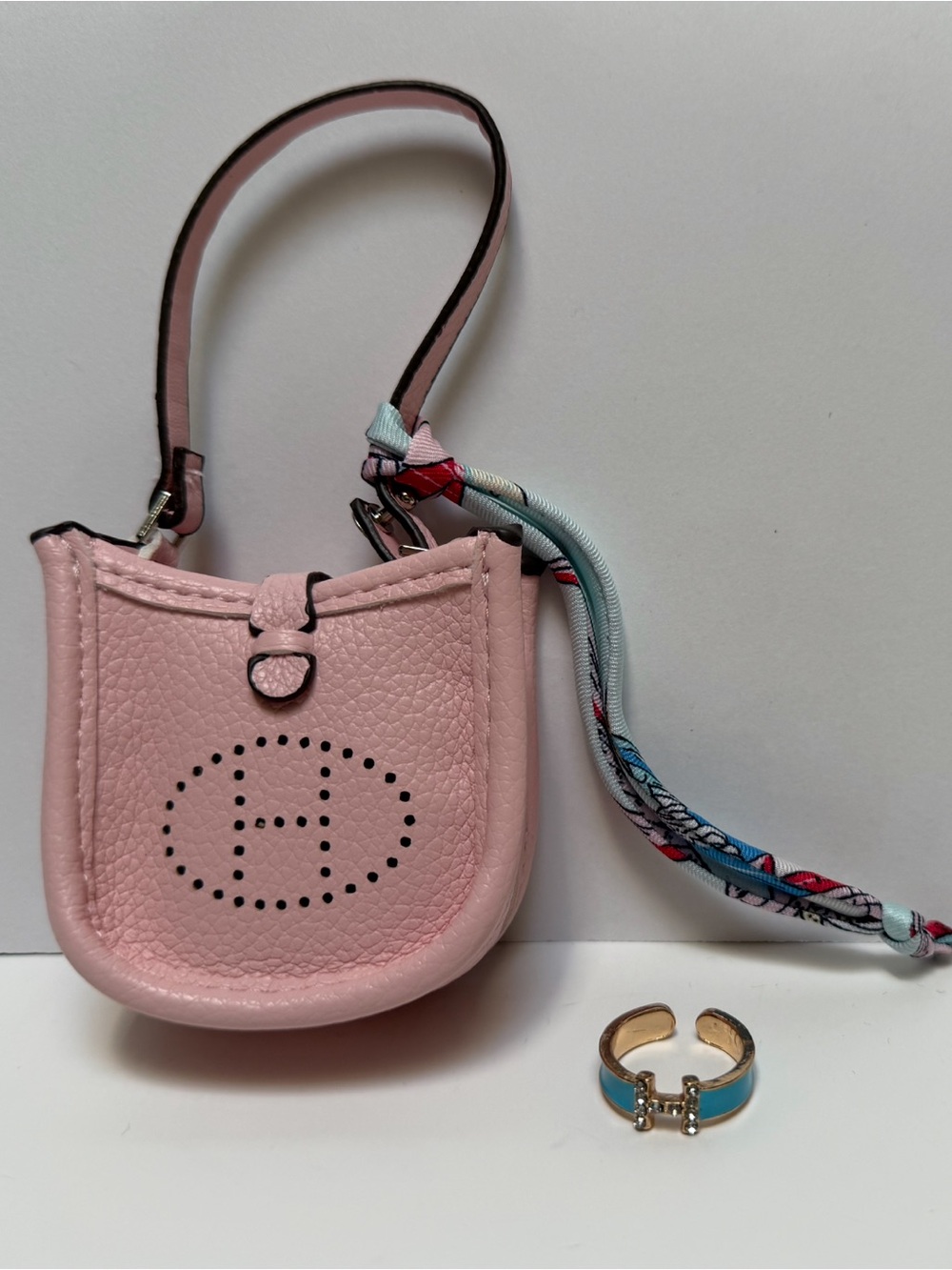 Pink Mini Bag Charm with a Mini Twilly and Blue Ring NWOT